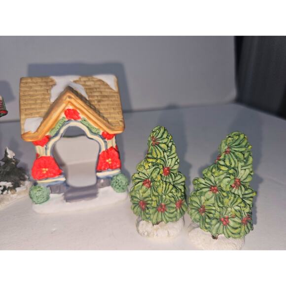 Christmas Village Doll Maker Boy In Gazebo Poinsettia Gazebo 2 Trees 5 Pieces! - Picture 3 of 6